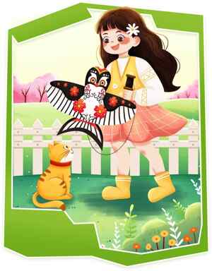 春日放风筝的女孩与猫插画