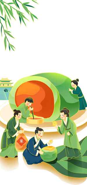 传统文化与美食：清新插画展现古代制作绿团子场景