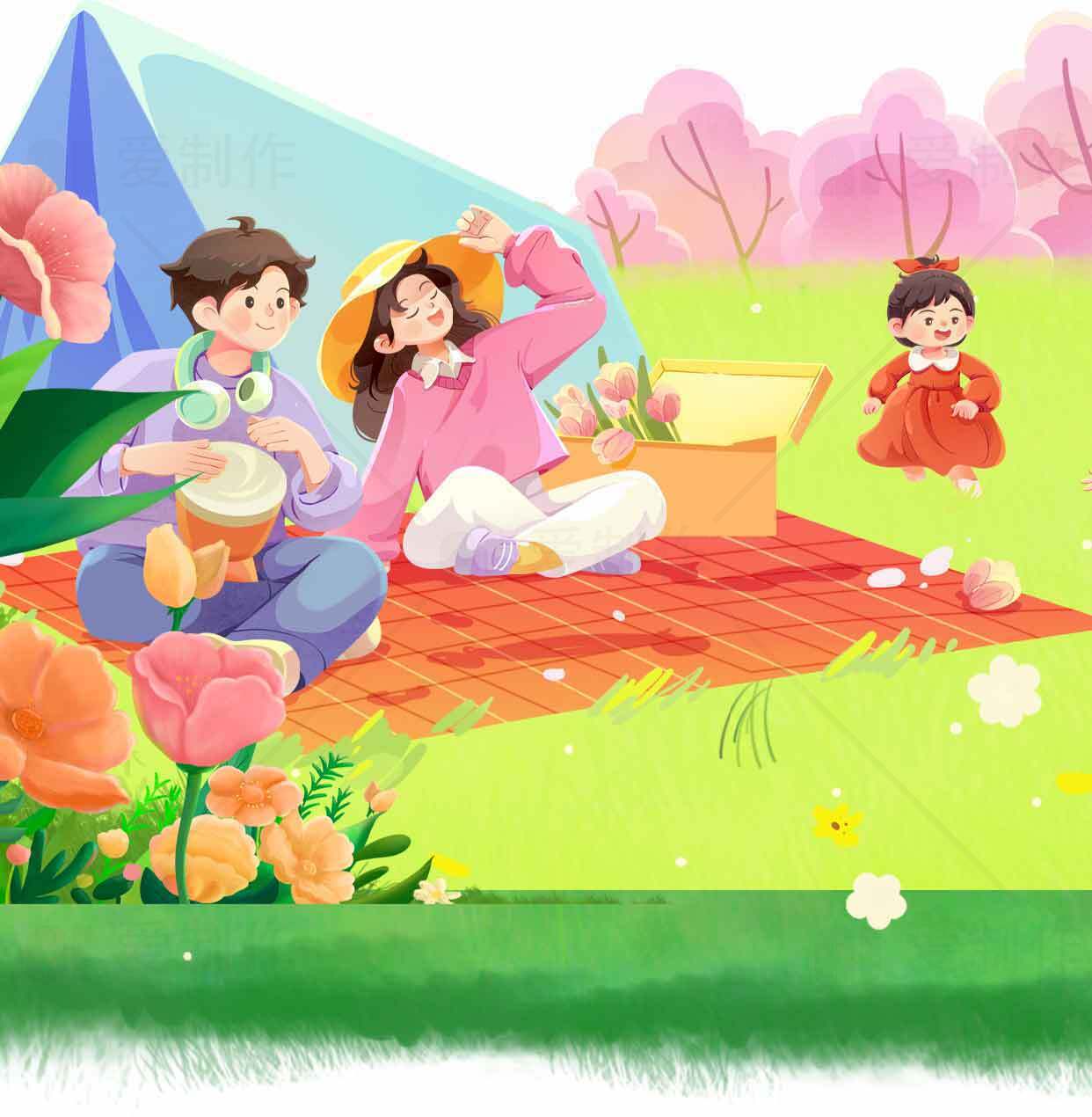 春日野餐插画场景素材