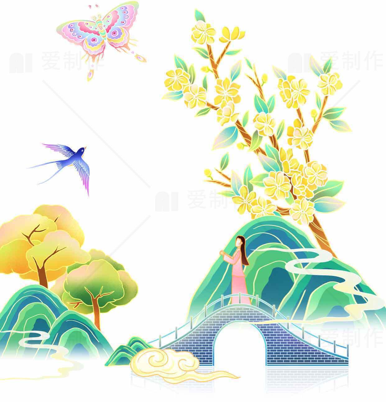 唯美中国风山水插画：春日桥上赏景素材