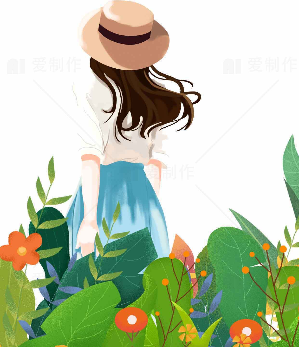 清新自然风插画：女孩与花草的唯美背影素材