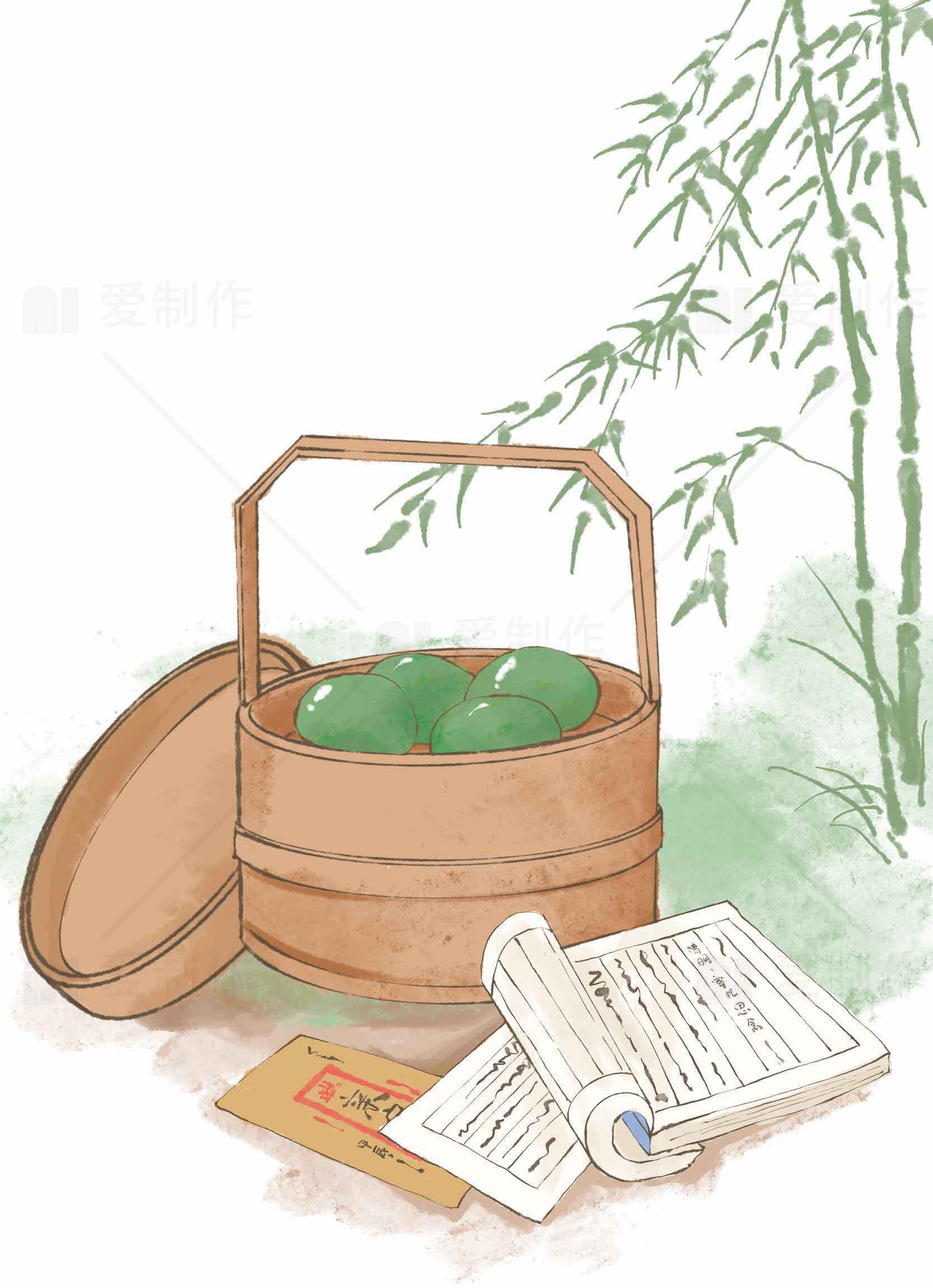 传统竹篮与青团插画设计素材