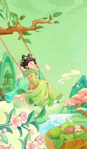 古风唯美春日荡秋千插画