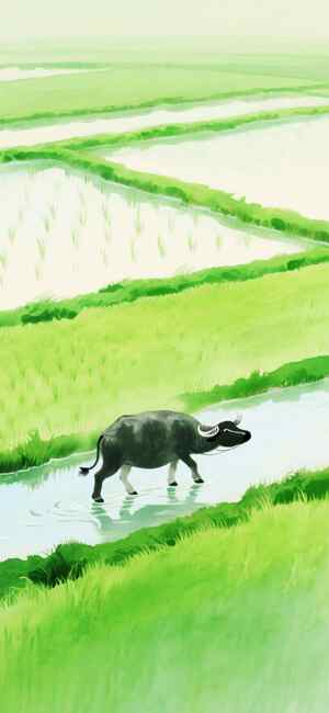 田野中的水牛与稻田风光插画
