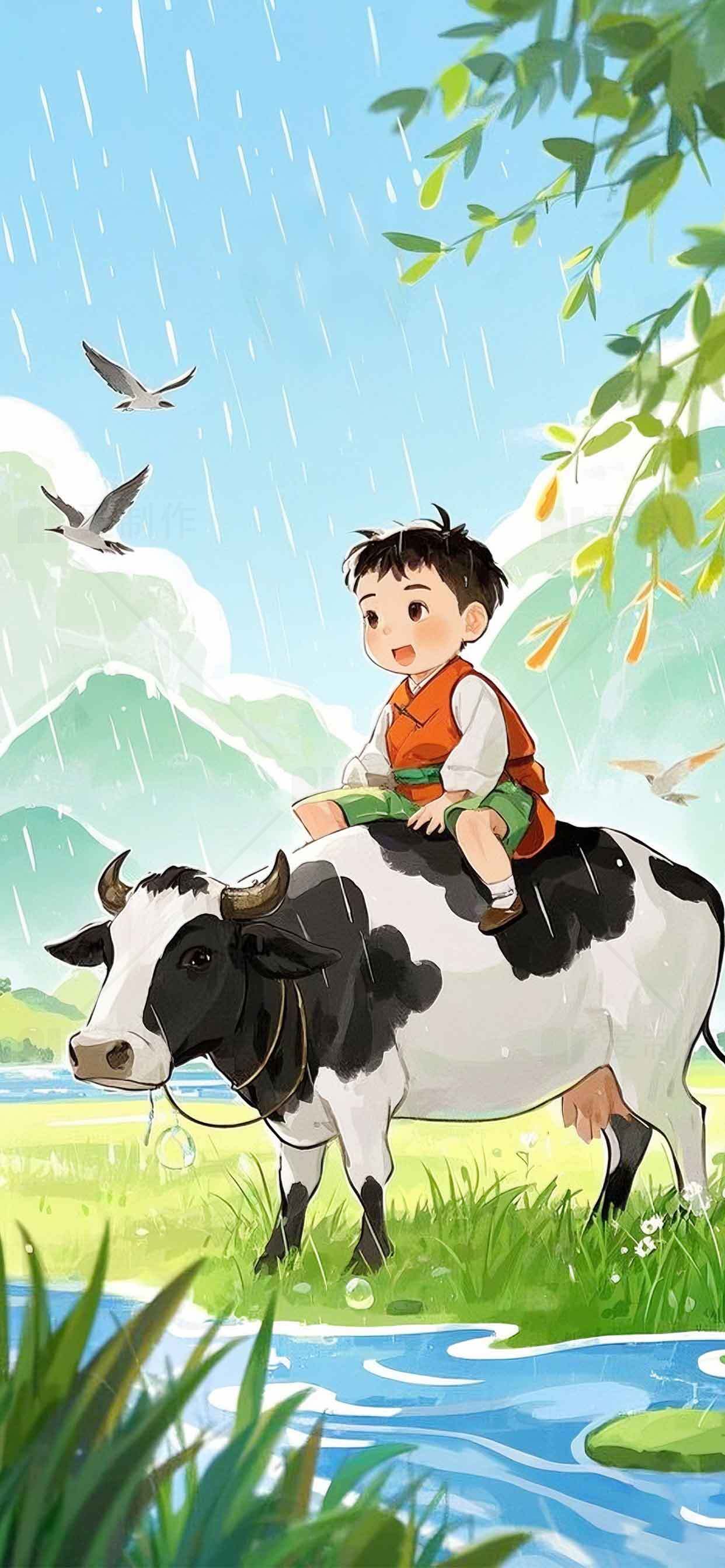 牧童骑牛乡村自然风景插画素材