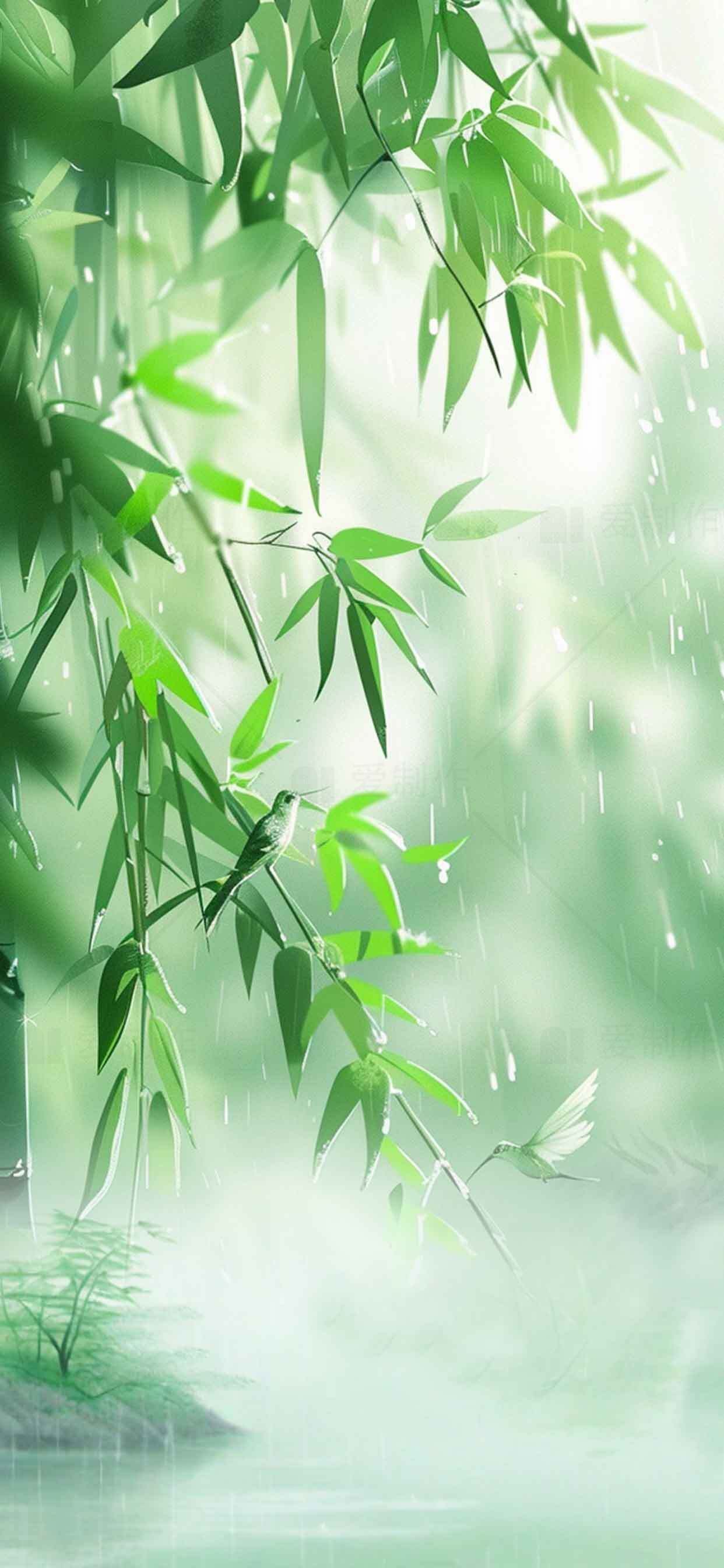 清新竹林雨景插画背景图片素材