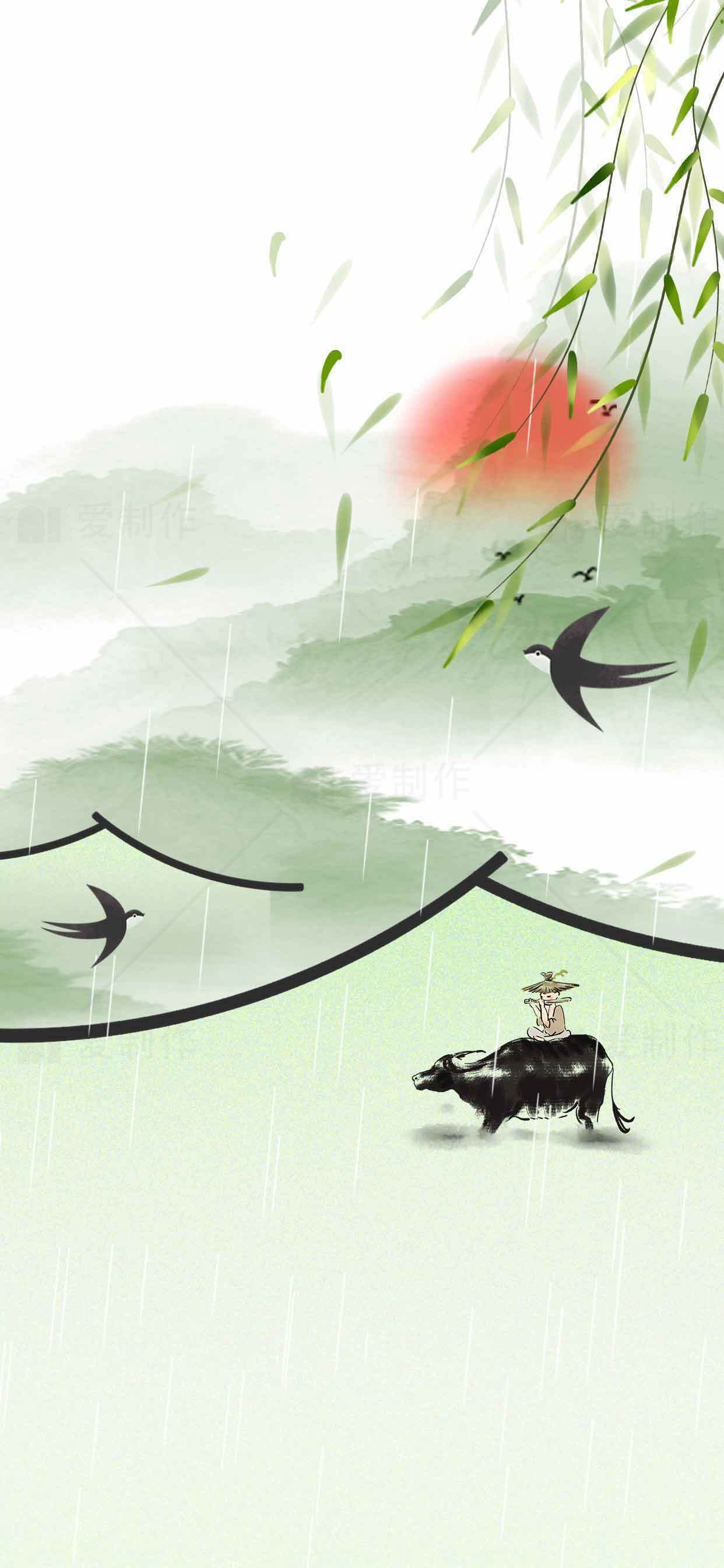 中国水墨风景画：牧童与水牛的田园意境素材