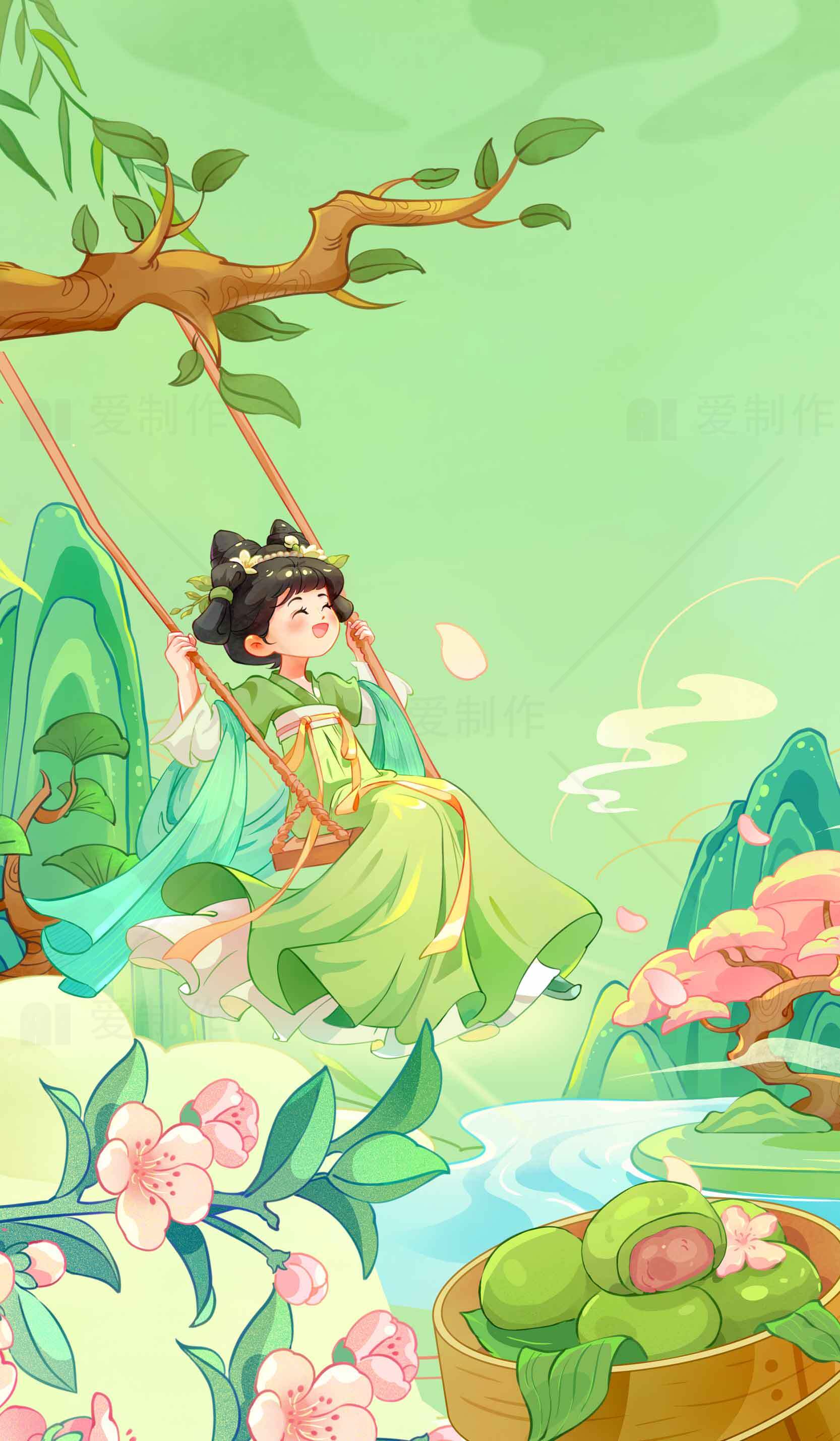 古风唯美春日荡秋千插画素材