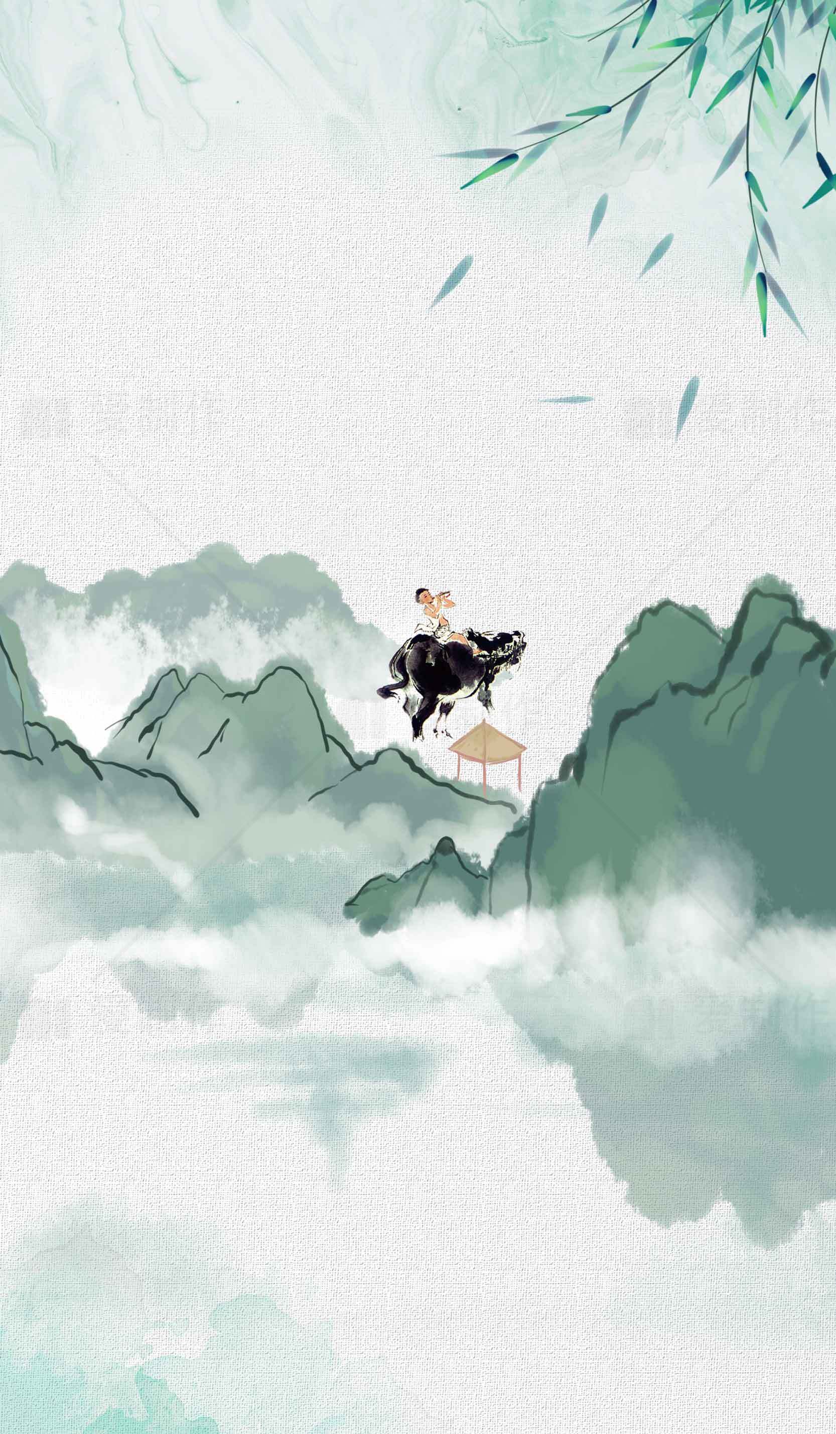 国风山水画：骑牛远行意境唯美壁纸素材