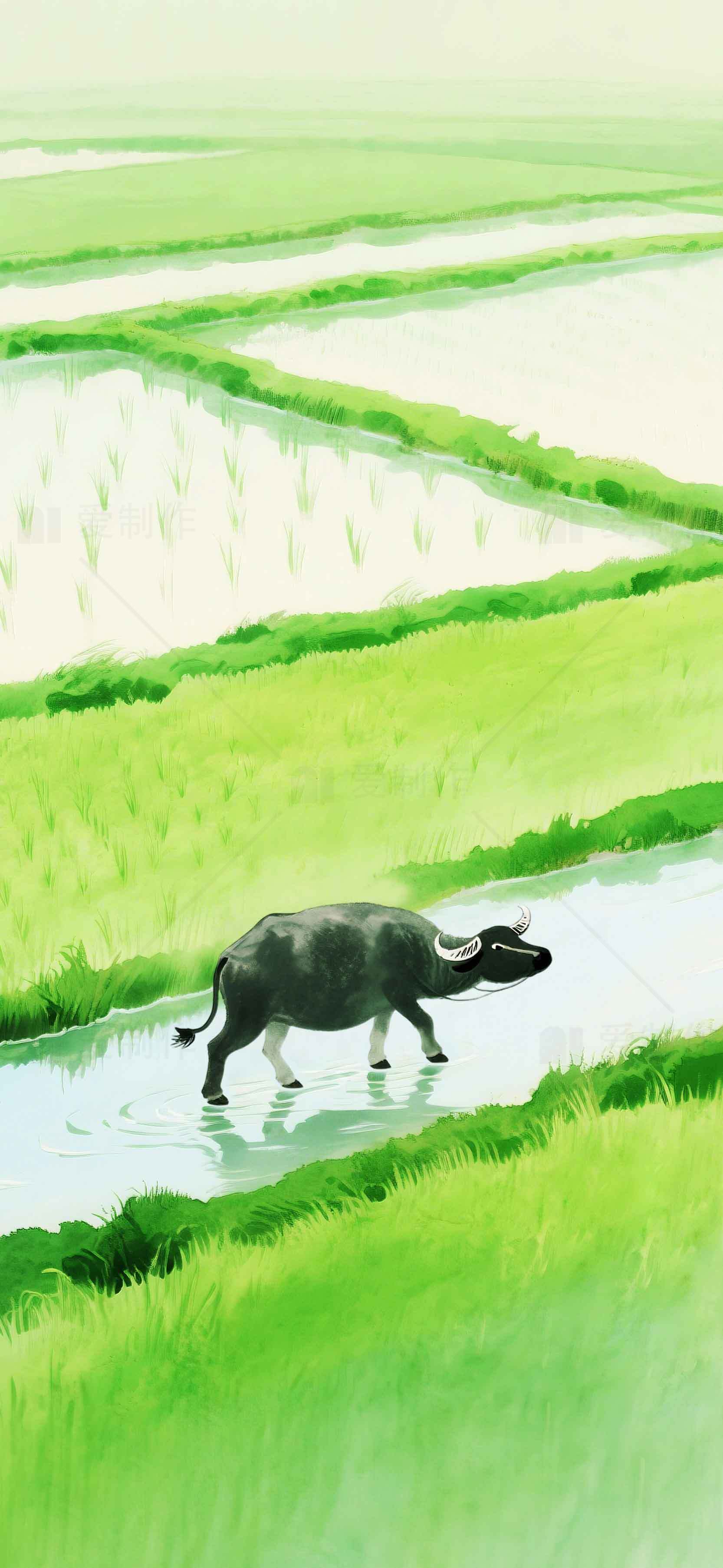 田野中的水牛与稻田风光插画素材