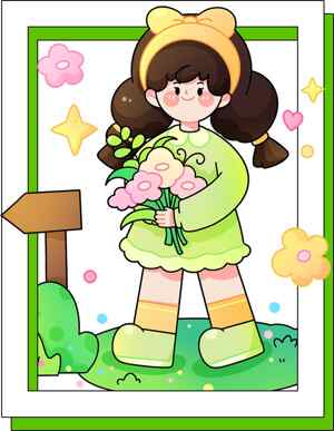 可爱女孩手捧花束插画图片