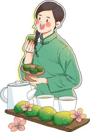 传统青团与茶文化插画