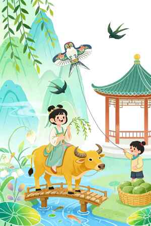 田园风光儿童放风筝插画