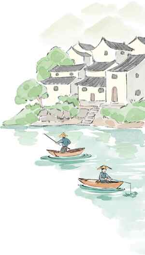 江南水乡渔船风景插画