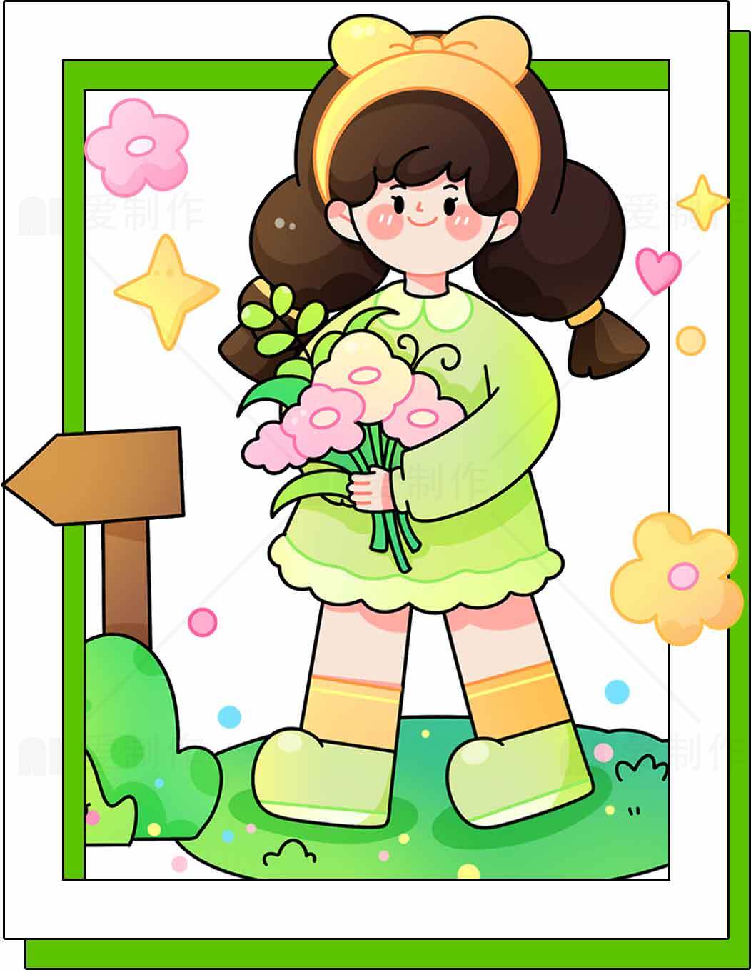 可爱女孩手捧花束插画图片素材