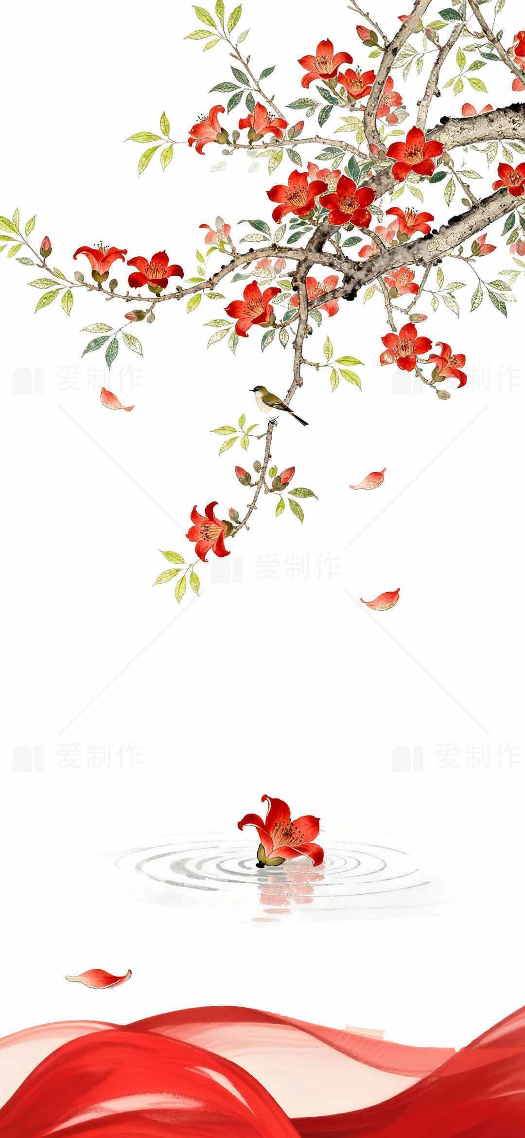 唯美红色花卉与水波意境插画背景素材