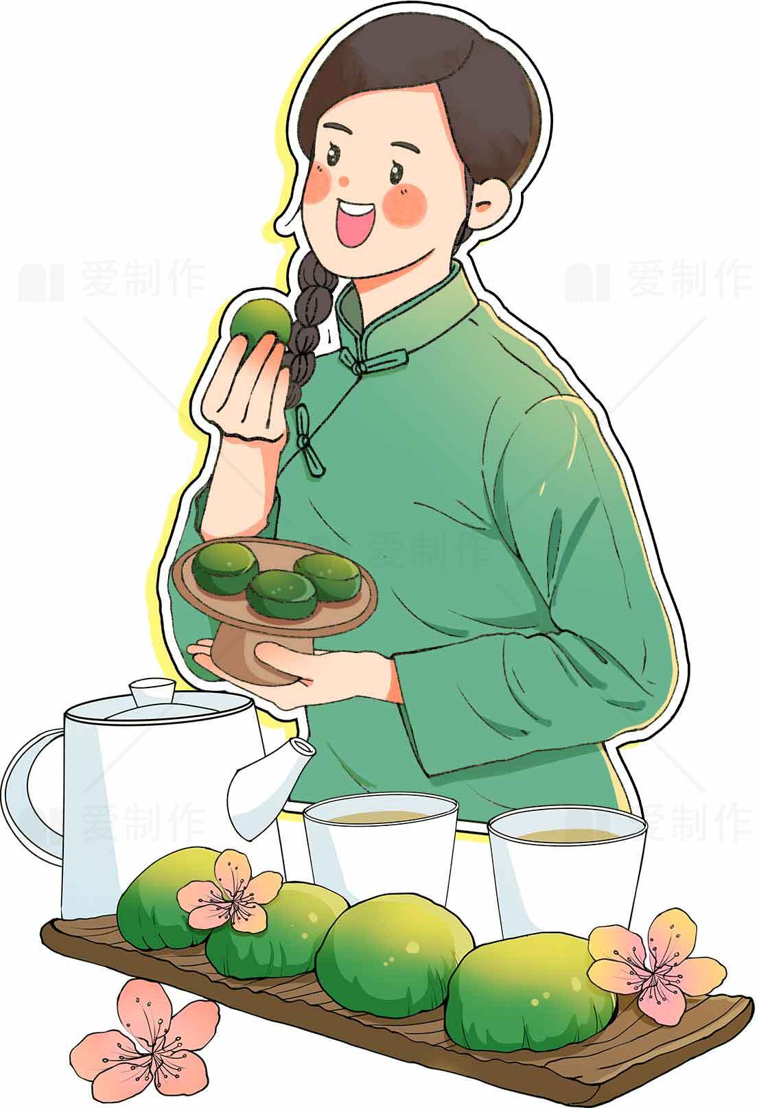 传统青团与茶文化插画素材