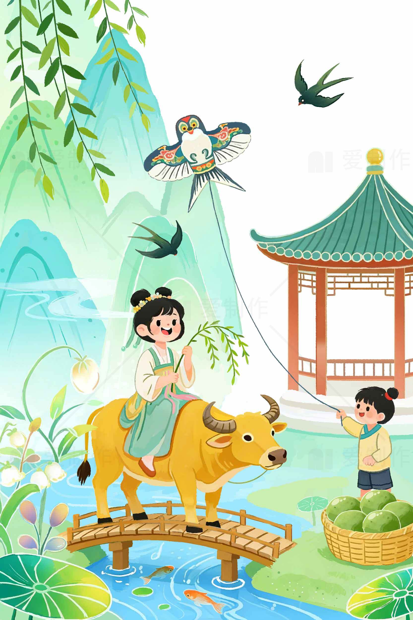 田园风光儿童放风筝插画素材