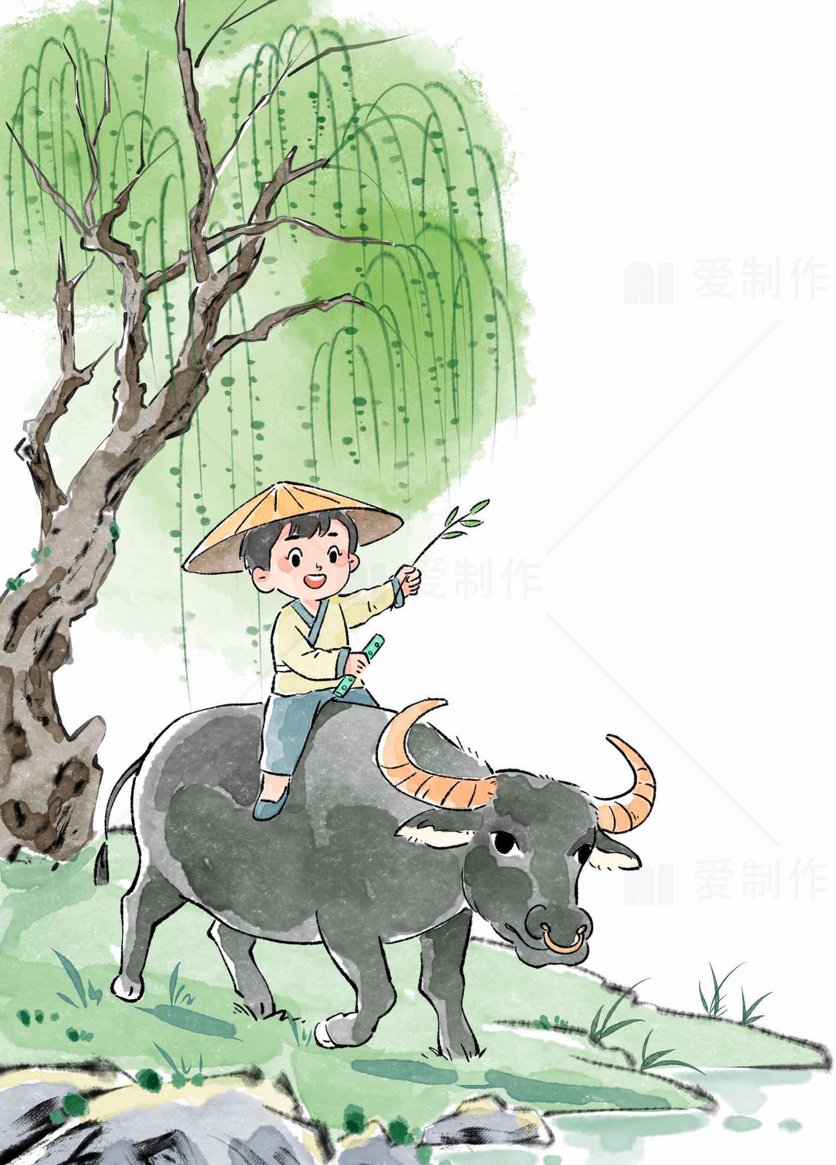 田园牧童骑牛插画图片素材