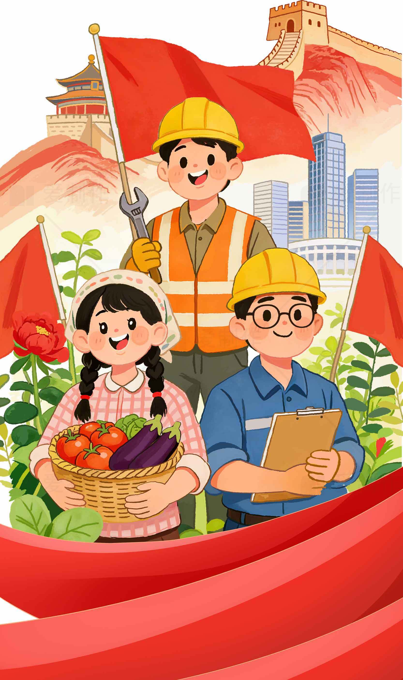 庆祝劳动者的插画设计：多职业角色与红旗背景素材