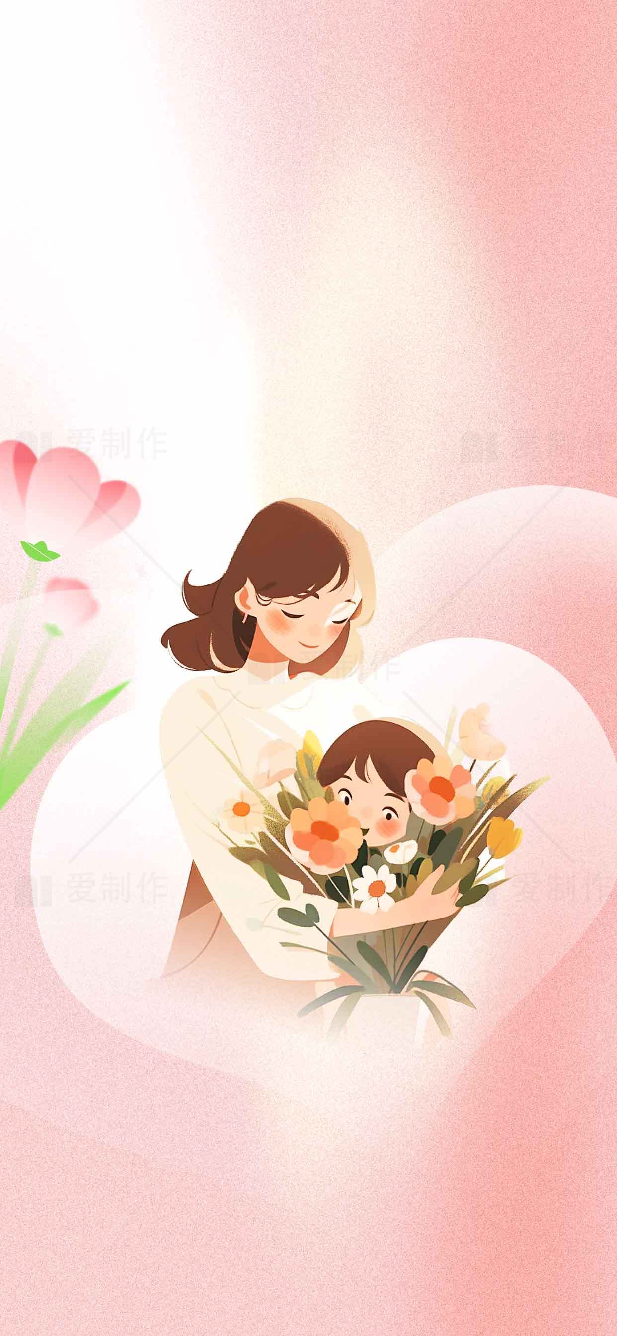 母亲节温馨插画设计：母爱与鲜花的表达素材