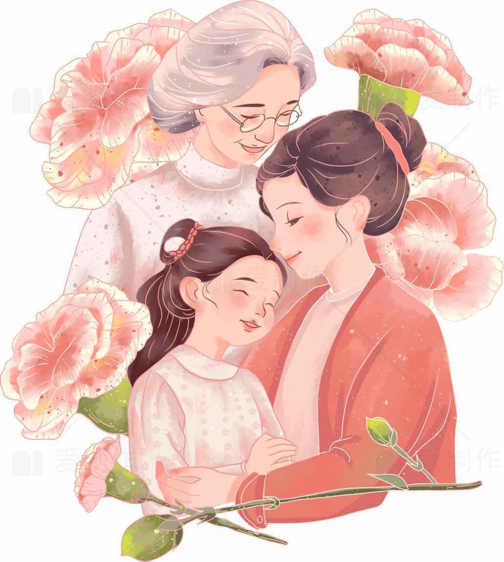 温馨家庭插画：三代同堂的幸福时光素材