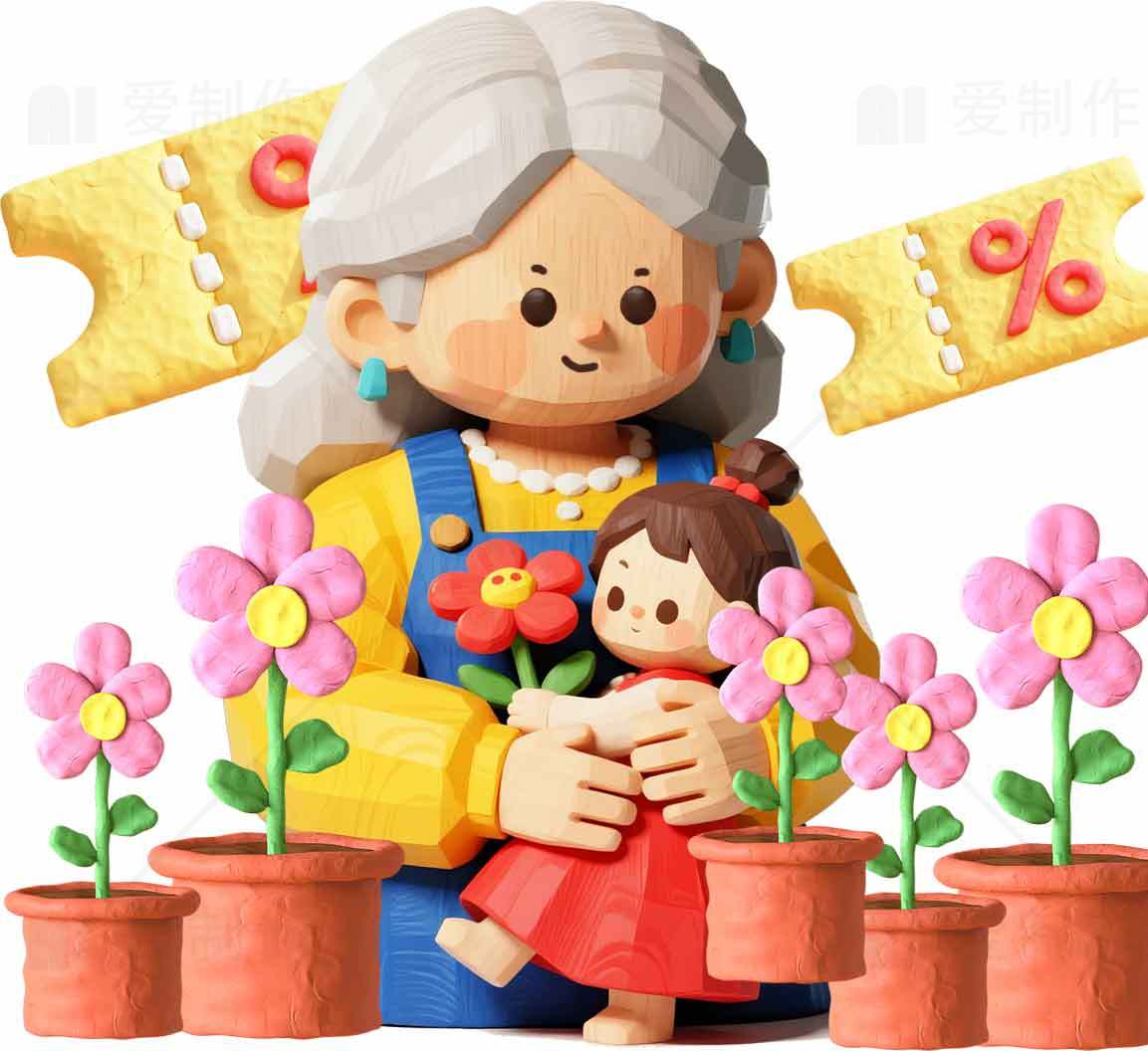 温馨家庭场景插画：祖孙与花朵的幸福时光素材
