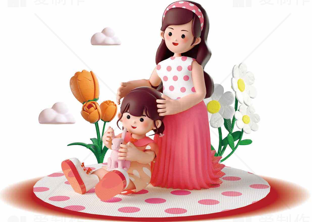 母女温馨卡通插画素材