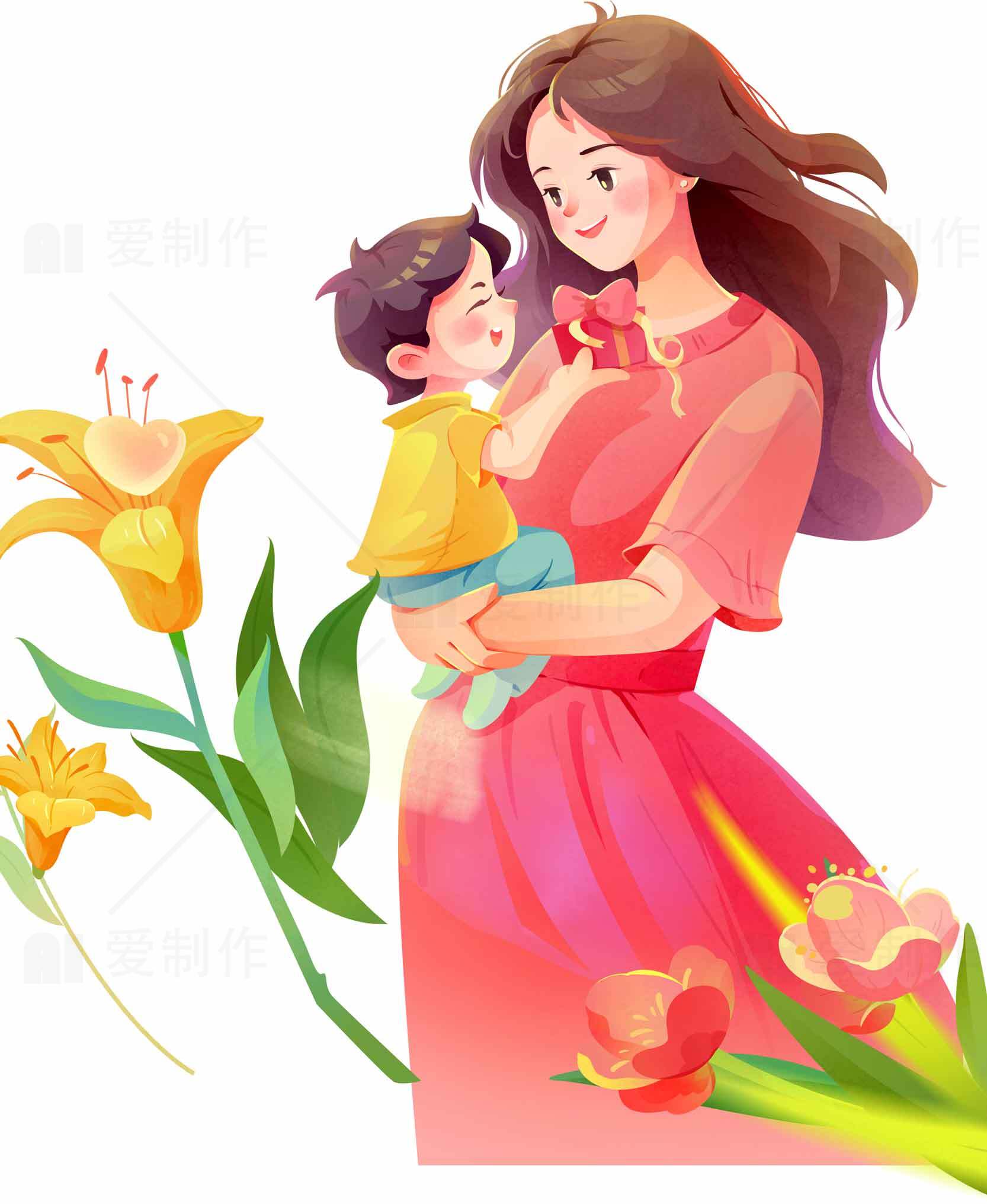 母亲与孩子温馨插画图片素材