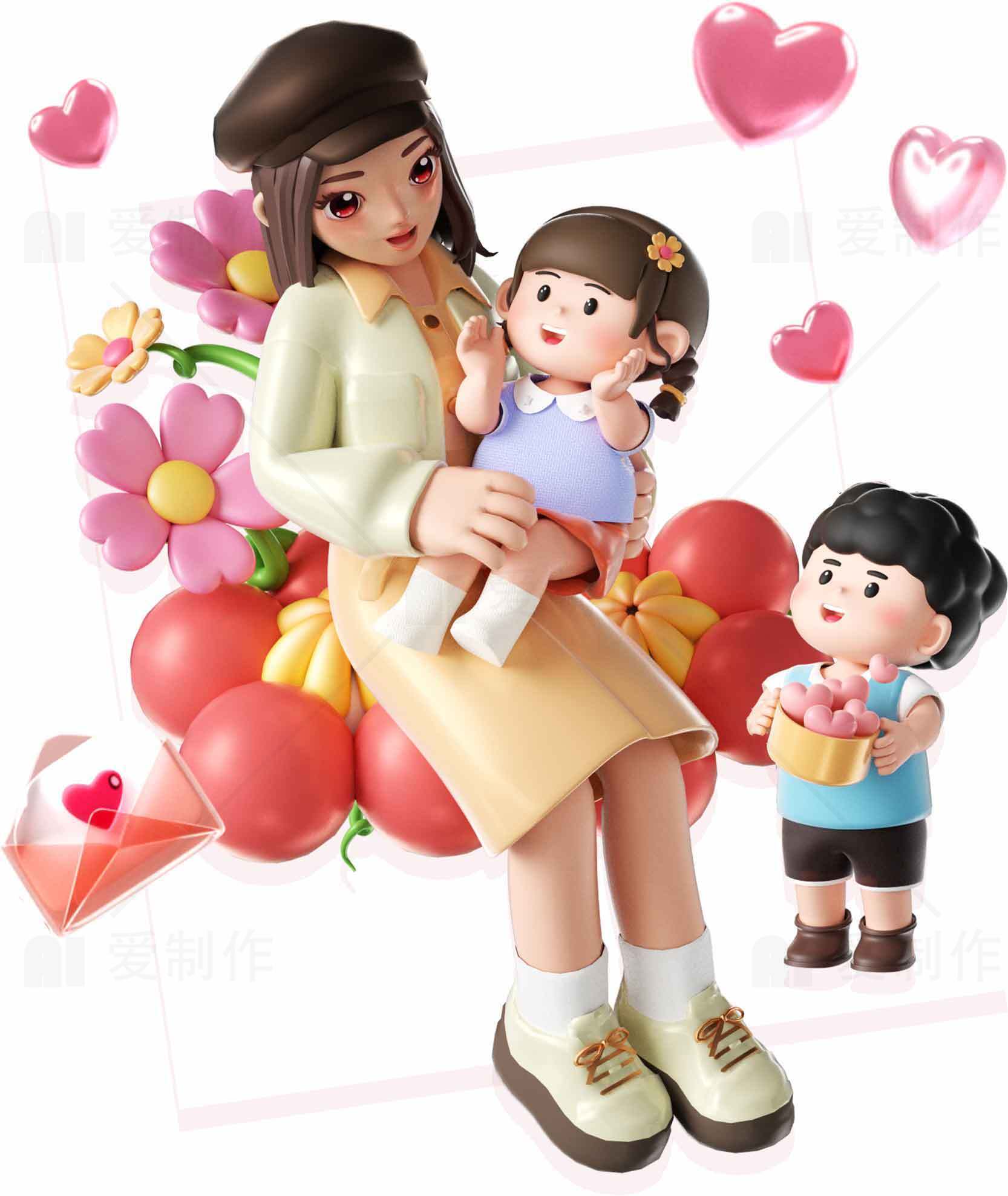 母亲节温馨卡通插画设计素材