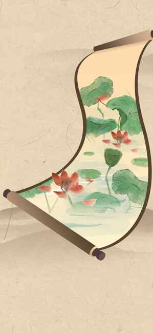 中国传统水墨画卷：荷花与莲叶之美