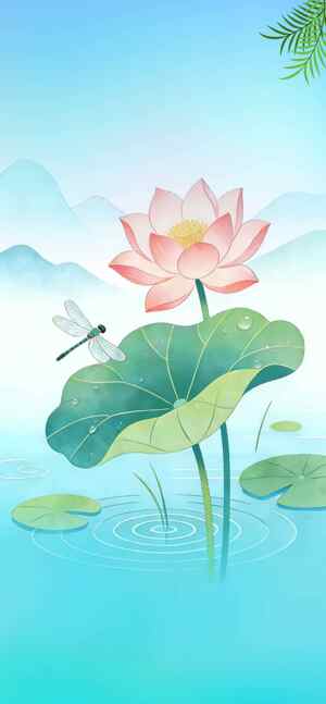 清新荷花与蜻蜓插画背景图片