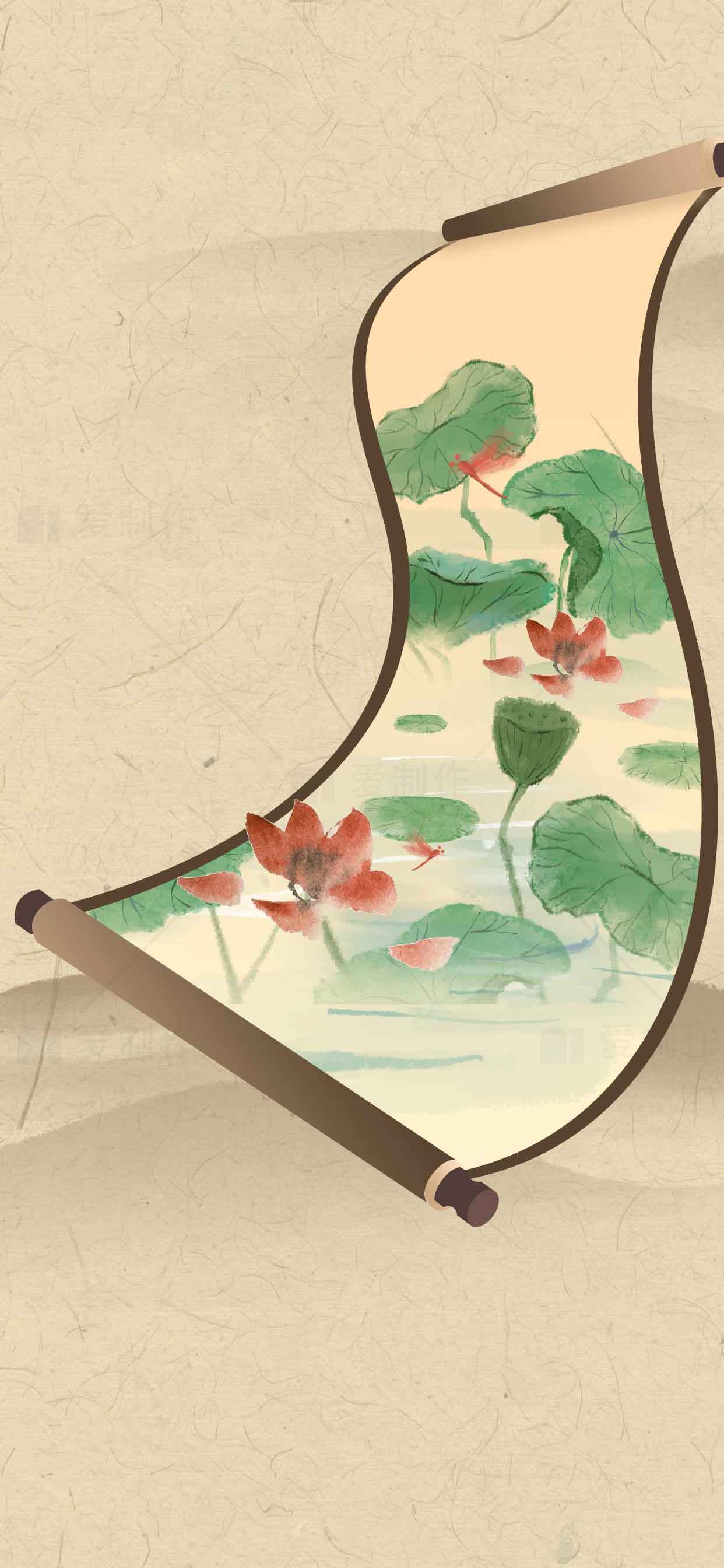 中国传统水墨画卷：荷花与莲叶之美素材