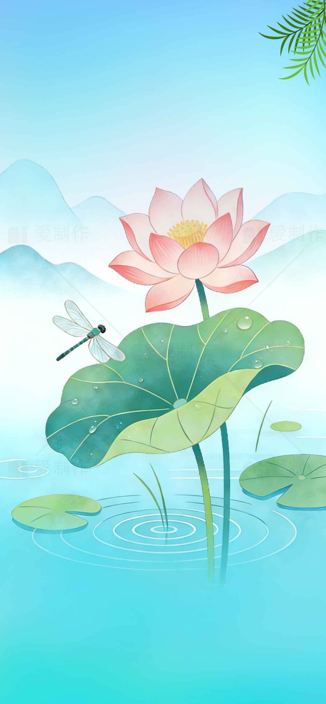 清新荷花与蜻蜓插画背景图片素材
