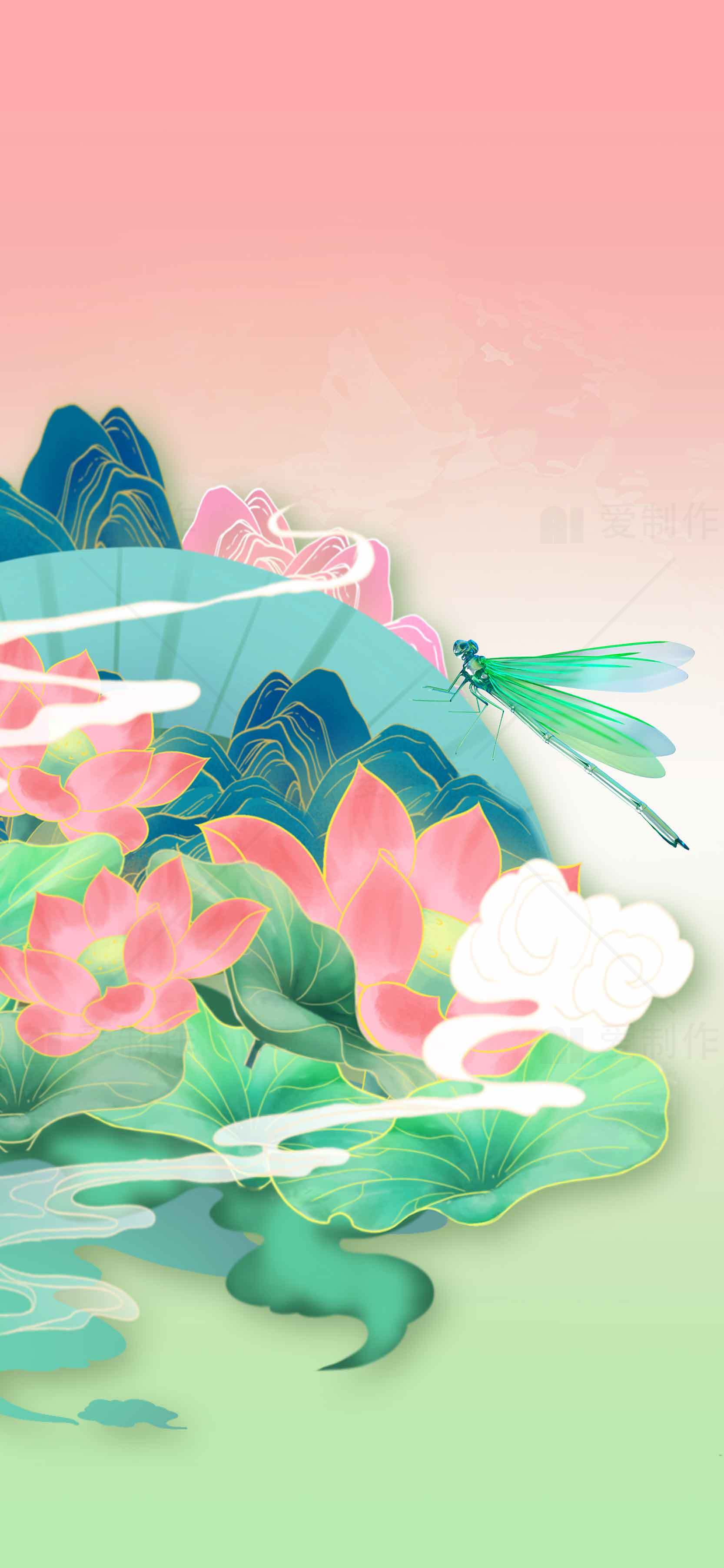 唯美荷花与蜻蜓插画背景图片素材