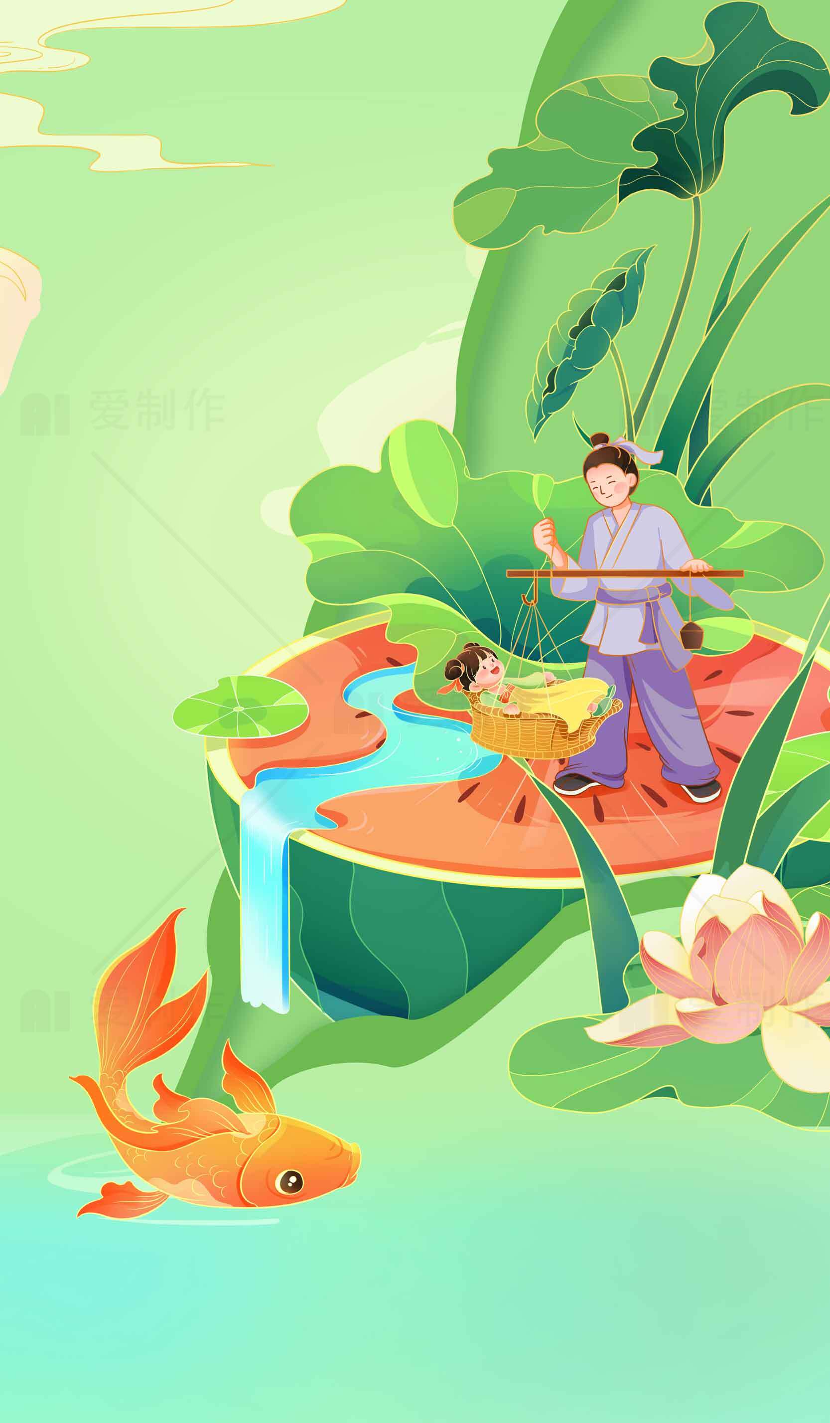 夏日荷塘亲子钓鱼插画素材