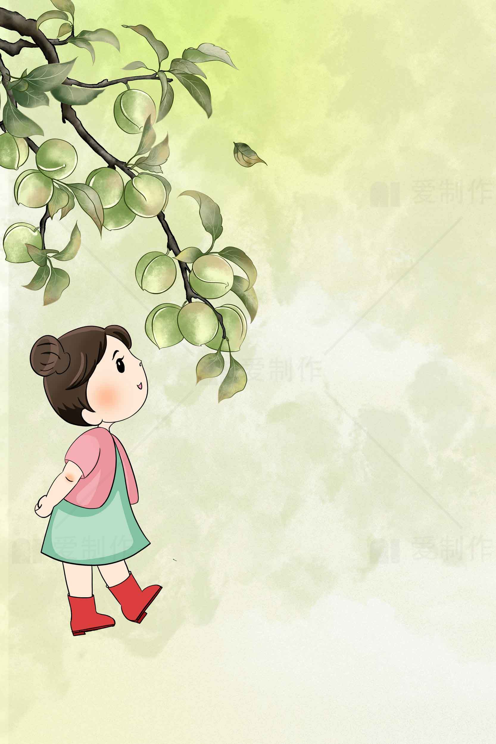 卡通女孩与果树插画背景图片素材