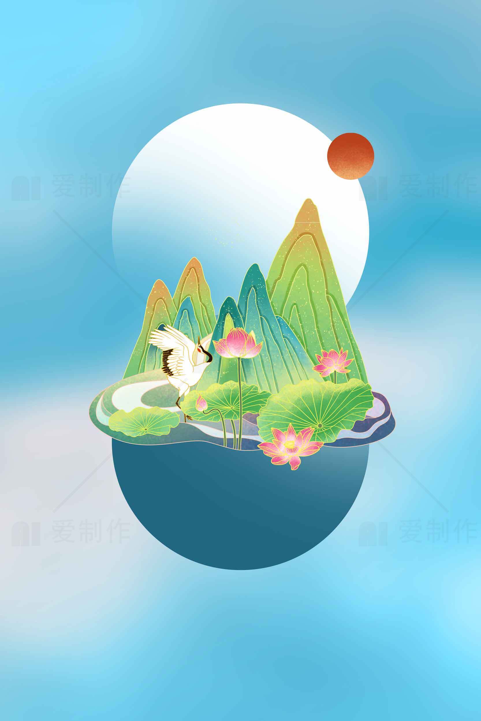 唯美山水插画：蝴蝶与荷花的诗意画境素材