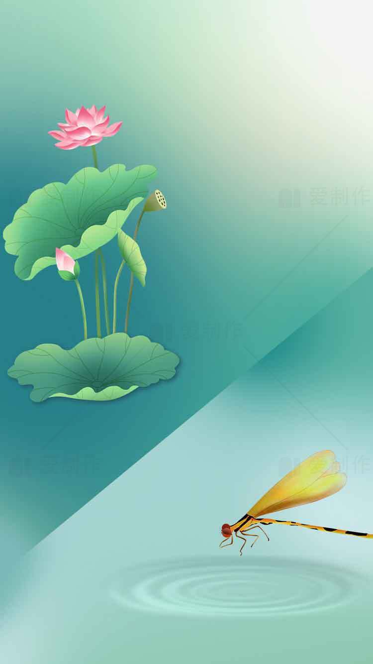 荷花与蜻蜓唯美插画背景图片素材