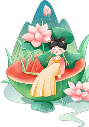 清新夏日荷花与西瓜插画设计