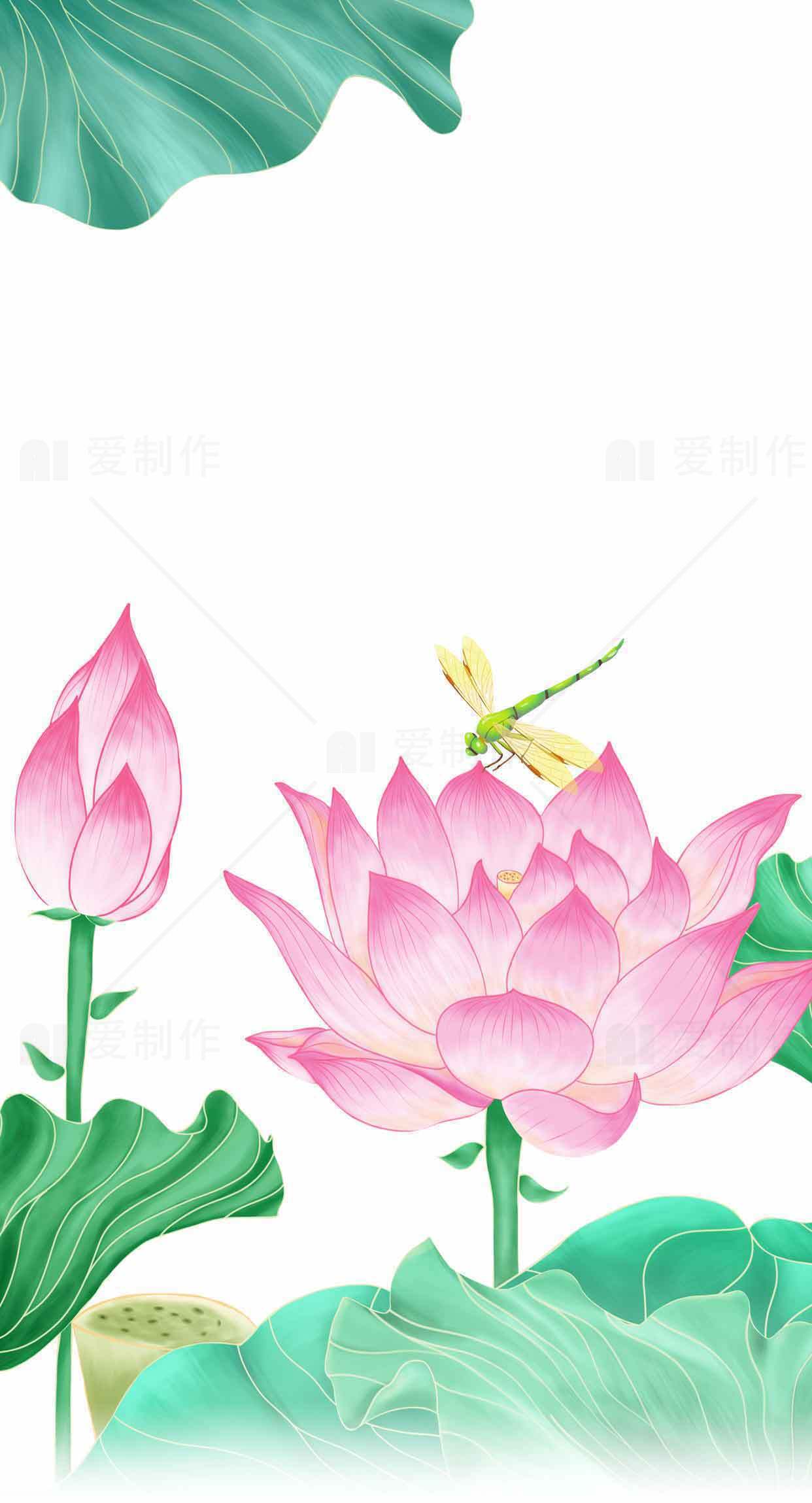 唯美蜻蜓与荷花插画背景图素材