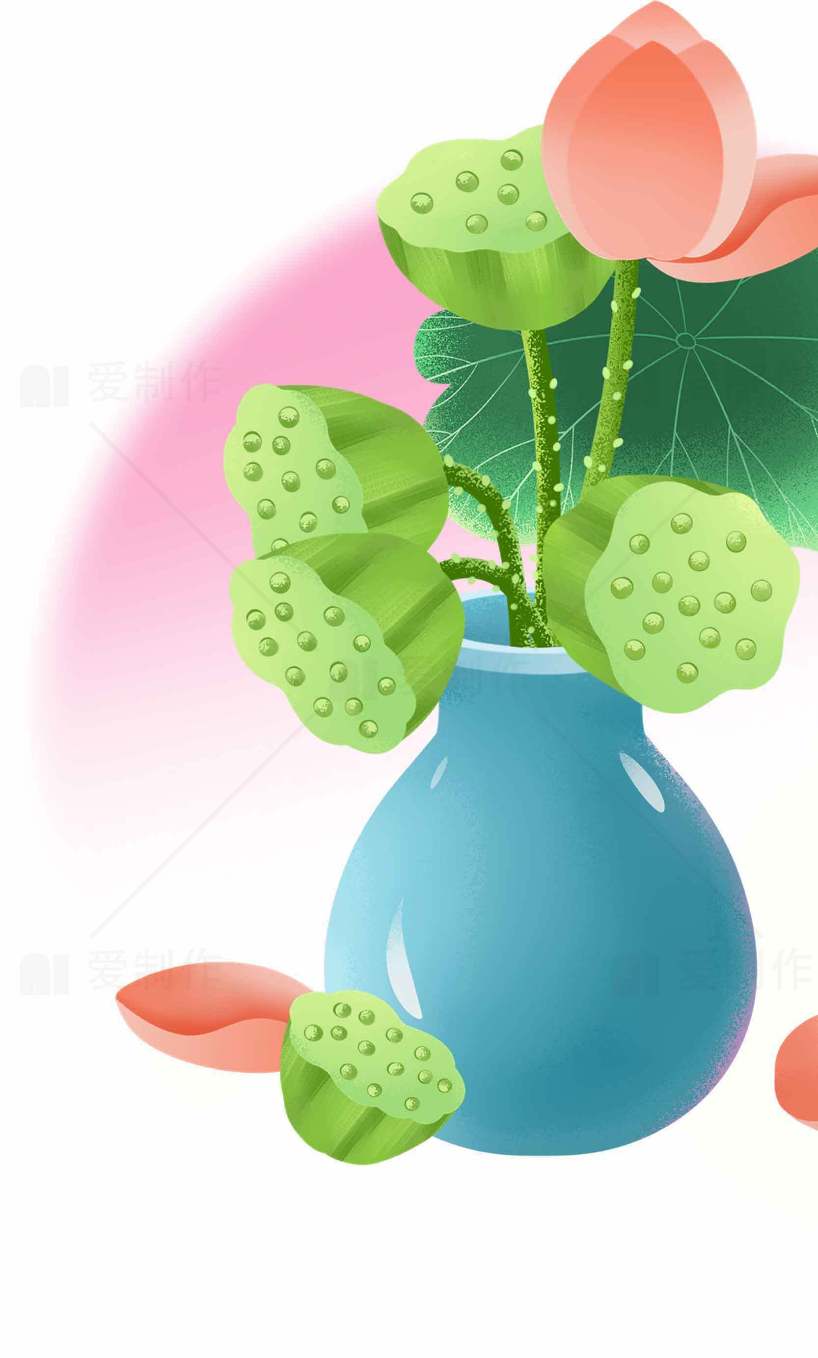 清新荷花插画：绿色与粉色的自然艺术素材