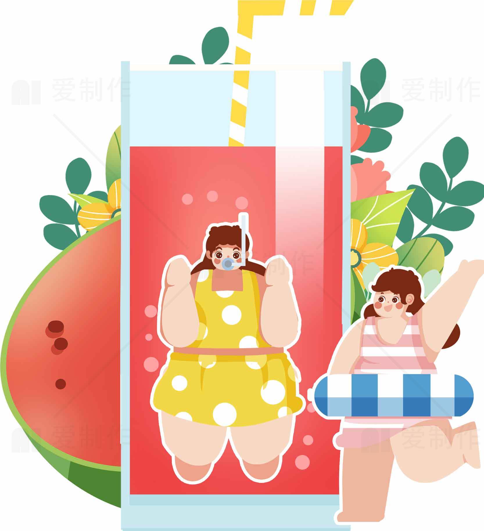 夏季清爽西瓜饮品插画设计素材
