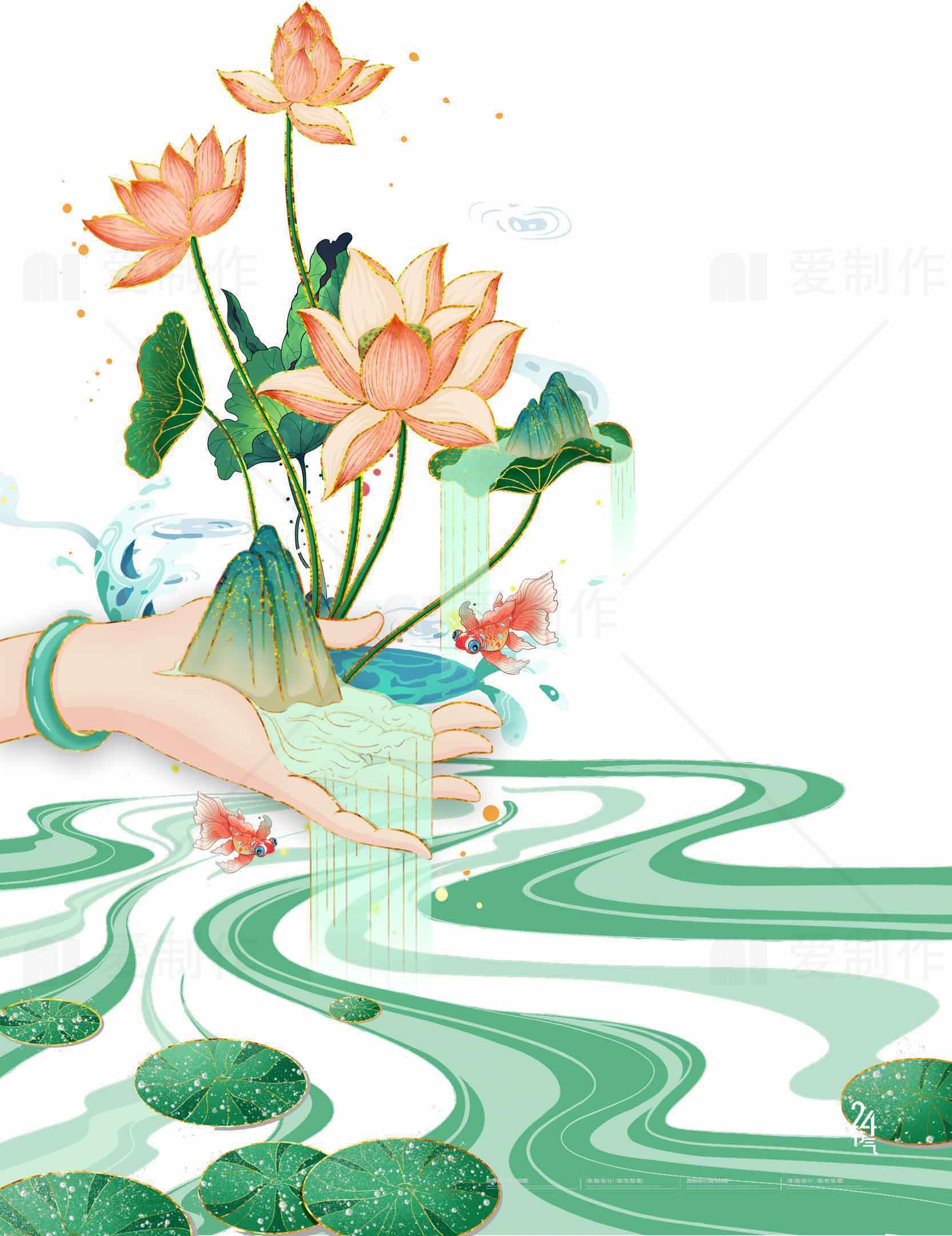 唯美荷花与流水插画设计素材
