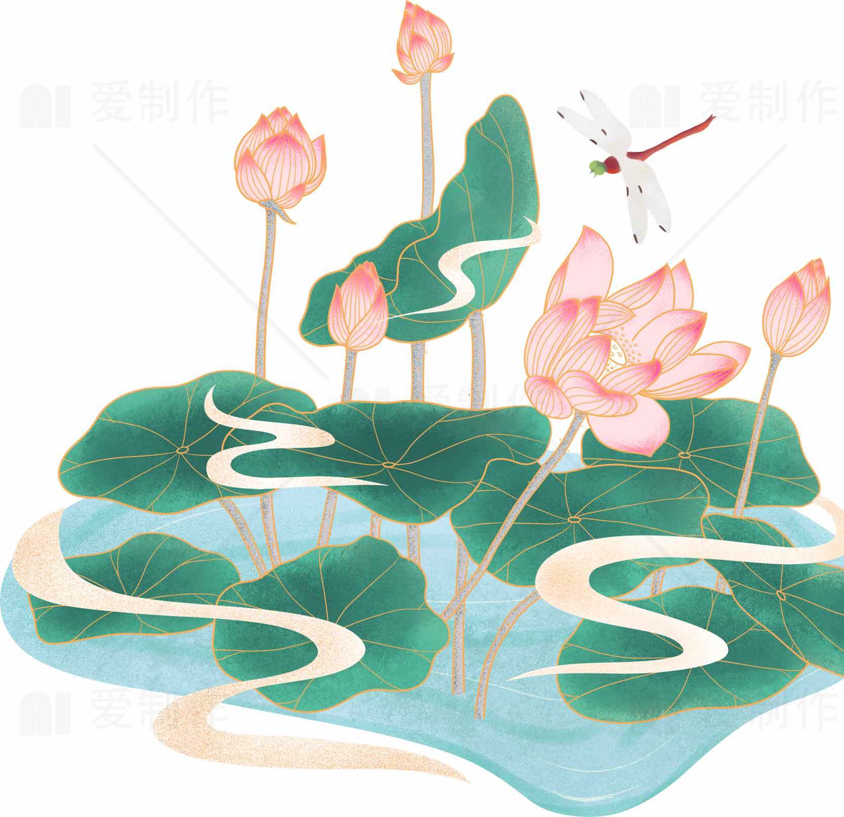 荷花与蜻蜓唯美插画设计素材