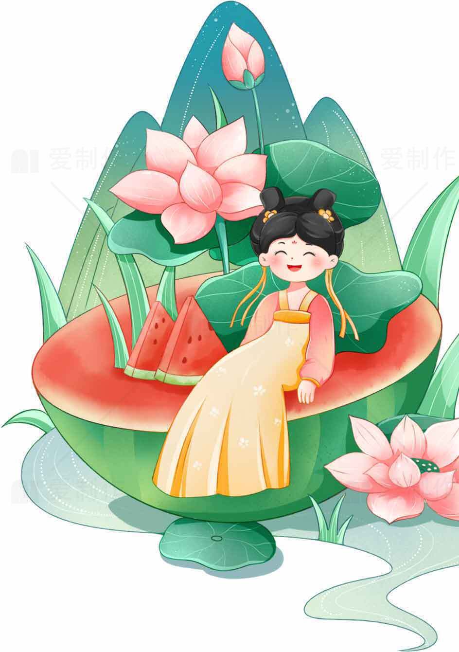 清新夏日荷花与西瓜插画设计素材