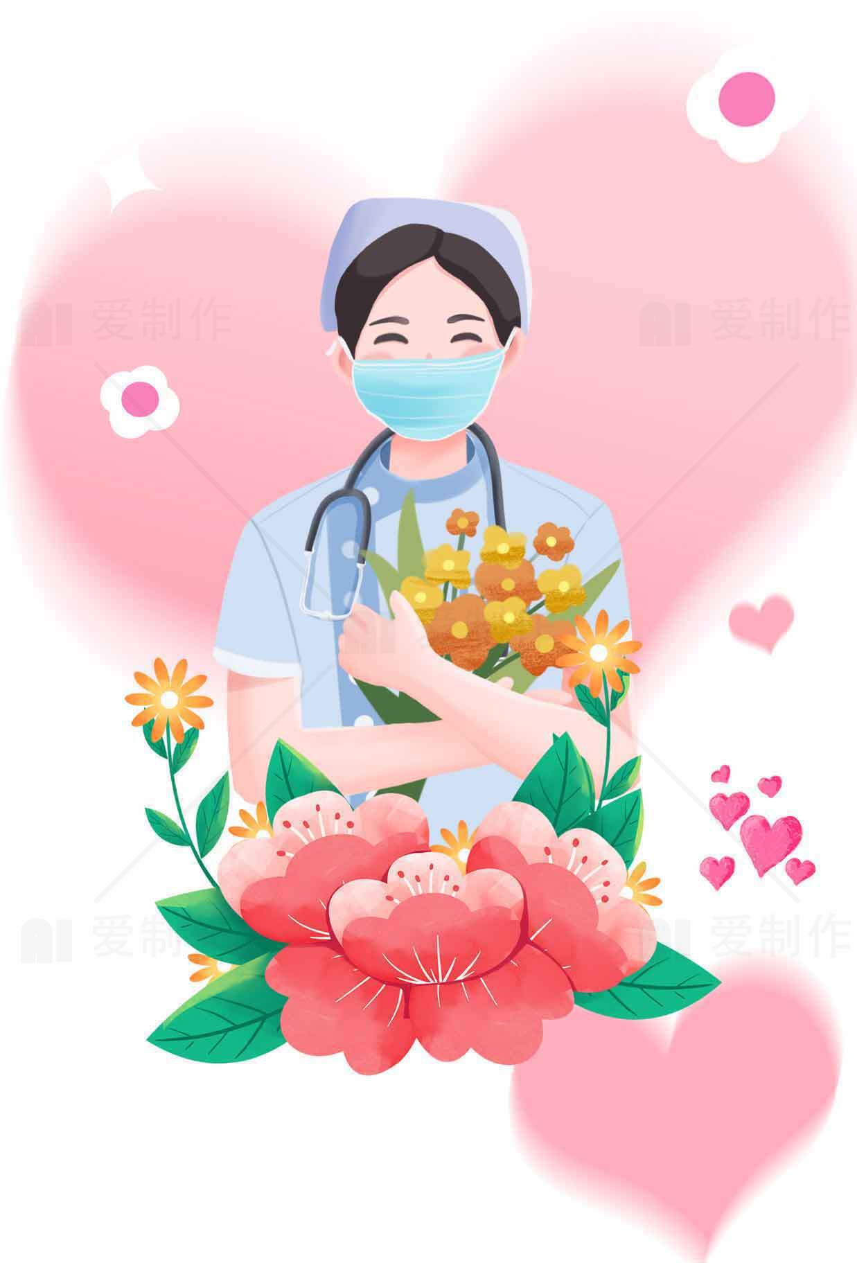 护士节感恩插画设计：温馨花卉与医护主题素材
