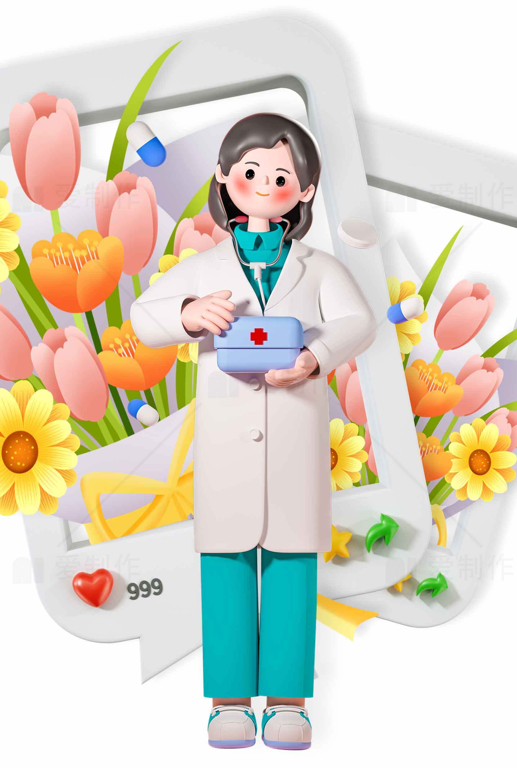 春日医生关怀与健康主题插画素材