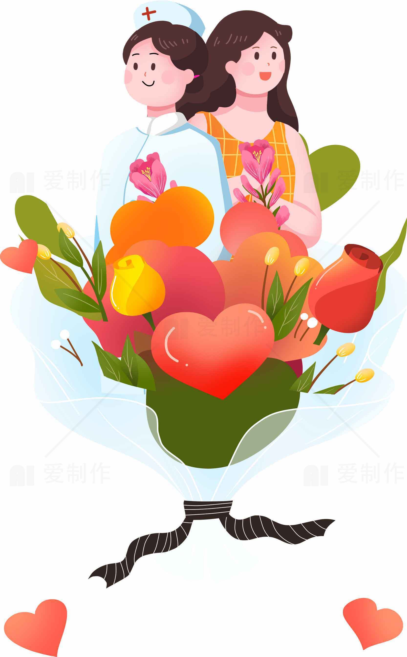 护士与患者插画：爱的花束与关怀素材