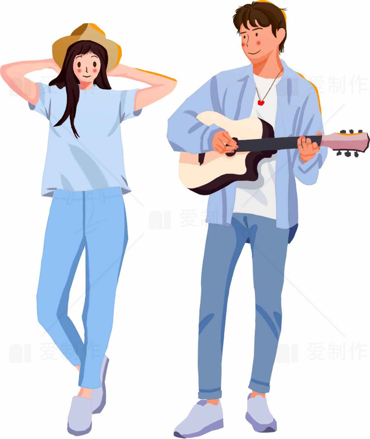 休闲风情侣插画：吉他与夏日时光素材